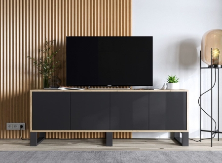 Komoda RTV, NORD, rama, 150x35x53 cm, dąb wotan, czarny, mat
