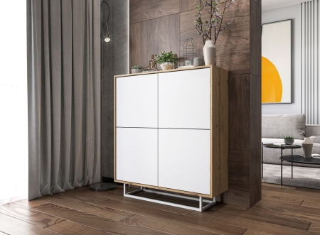 Komoda do salonu, loft, NORD, 113x35x127 cm, dąb wotan, biel, mat