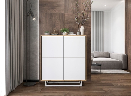 Komoda do salonu, loft, NORD, 113x35x127 cm, dąb wotan, biel, mat