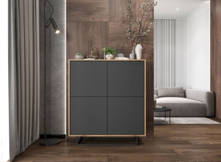 Komoda do salonu, loft, NORD, 113x35x127 cm, dąb wotan, grafit, mat