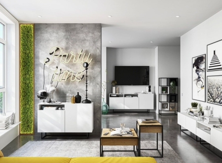 Komoda RTV, półka, loft, SANO, 120x35x46 cm, biel, mat