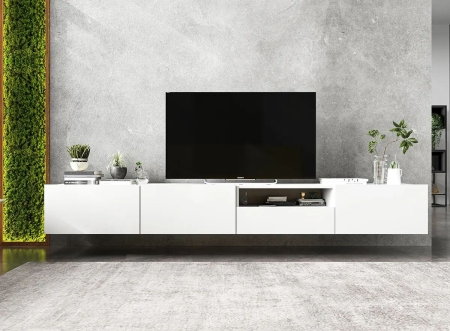 Wisząca szafka RTV, loft, industrialna, SANO, 240x35x30 cm, biel, mat