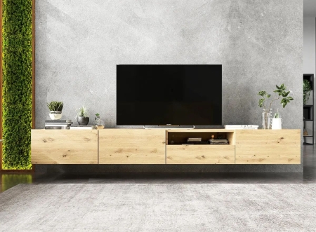 Wisząca szafka RTV, loft, industrialna, SANO, 240x35x30 cm, dąb artisan, mat