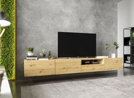 Wisząca szafka RTV, loft, industrialna, SANO, 240x35x30 cm, dąb artisan, mat
