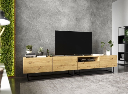 Komoda RTV, półka, loft, industrialna, SANO, 240x35x46 cm, dąb artisan, mat