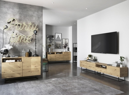 Komoda RTV, półka, loft, industrialna, SANO, 240x35x46 cm, dąb artisan, mat