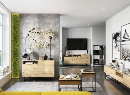 Komoda RTV, półka, loft, industrialna, SANO, 240x35x46 cm, dąb artisan, mat