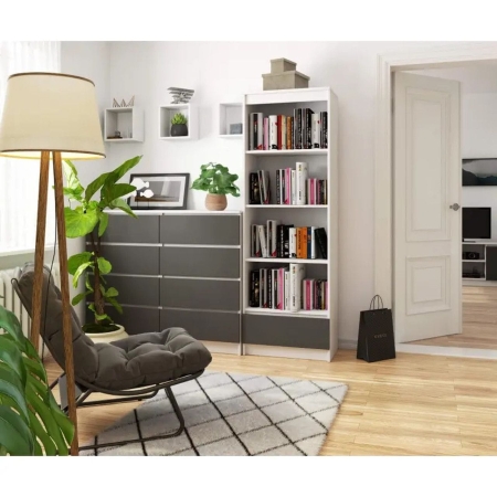 Regał do salonu, biura, 1 szuflada, półki, ARLO, 60x35x180 cm, biały, grafit, mat