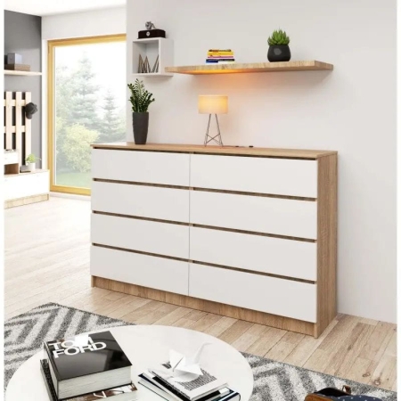 Komoda do sypialni, 8 szuflad, STILO, 160x40x99 cm, dąb sonoma, biel, mat