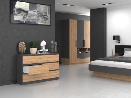 Komoda do sypialni, salonu, M6, 120x30x77 cm, antracyt, dąb artisan, mat