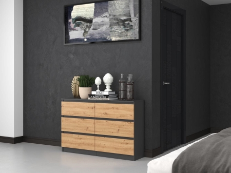 Komoda do sypialni, salonu, M6, 120x30x77 cm, antracyt, dąb artisan, mat