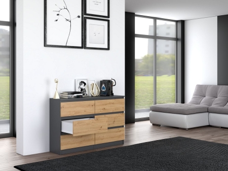 Komoda do sypialni, salonu, M6, 120x30x77 cm, antracyt, dąb artisan, mat