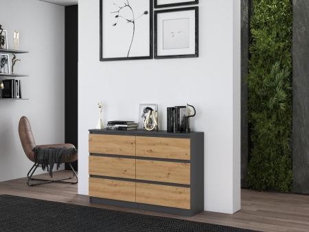 Komoda do sypialni, salonu, M6, 120x30x77 cm, antracyt, dąb artisan, mat