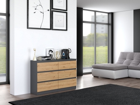 Komoda do sypialni, salonu, M6, 120x30x77 cm, antracyt, dąb artisan, mat