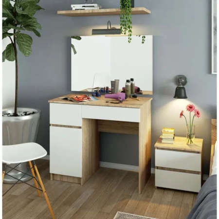 Toaletka kosmetyczna, duże lustro, lewa, ALINA, 90x50x142 cm, biel, dąb sonoma, mat