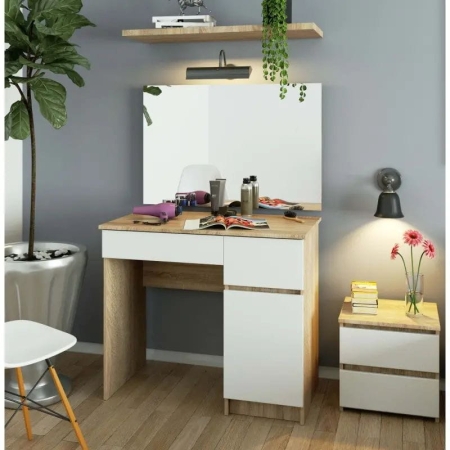 Toaletka kosmetyczna, duże lustro, prawa, ALINA, 90x50x142 cm, biel, dąb sonoma, mat