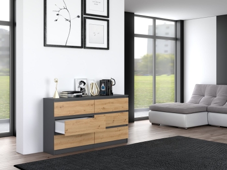 Komoda do sypialni, salonu, M6, 138x40x77 cm, antracyt, dąb artisan, mat