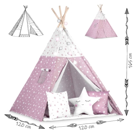 Namiot tipi dla dzieci, ze światełkami, Nukido, 120x120x165 cm, różowy w gwiazdki