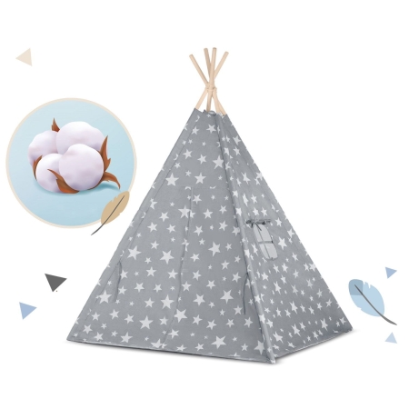 Namiot tipi dla dzieci, ze światełkami, Nukido, 120x120x165 cm, szary w gwiazdki