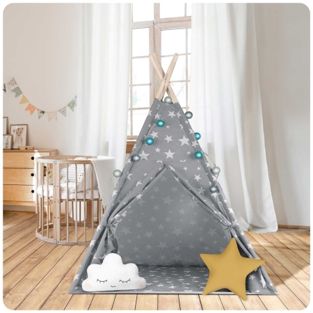Namiot tipi dla dzieci, ze światełkami, Nukido, 120x120x165 cm, szary w gwiazdki
