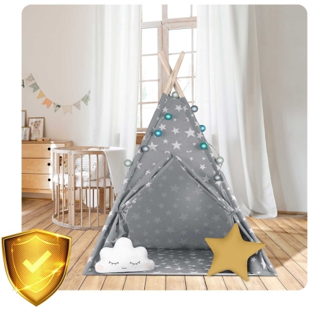 Namiot tipi dla dzieci, ze światełkami, Nukido, 120x120x165 cm, szary w gwiazdki