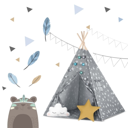 Namiot tipi dla dzieci, ze światełkami, Nukido, 120x120x165 cm, szary w gwiazdki