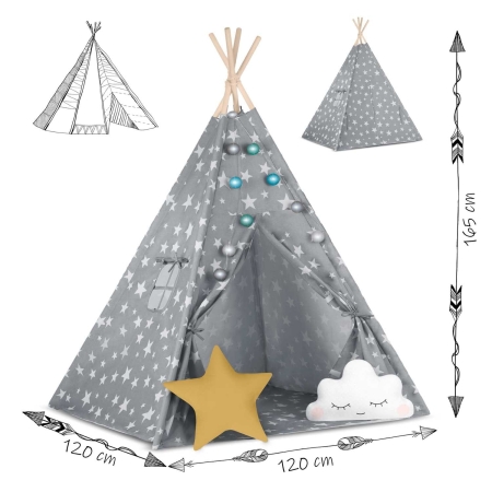 Namiot tipi dla dzieci, ze światełkami, Nukido, 120x120x165 cm, szary w gwiazdki