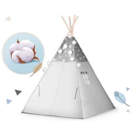 Namiot tipi dla dzieci, z girlandą i światełkami, Nukido, 120x120x165 cm, szare w gwiazdki
