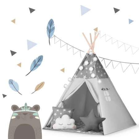 Namiot tipi dla dzieci, z girlandą i światełkami, Nukido, 120x120x165 cm, szare w gwiazdki