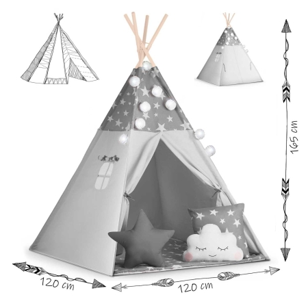 Namiot tipi dla dzieci, z girlandą i światełkami, Nukido, 120x120x165 cm, szare w gwiazdki
