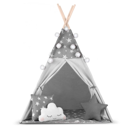 Namiot tipi dla dzieci, z girlandą i światełkami, Nukido, 120x120x165 cm, szare w gwiazdki