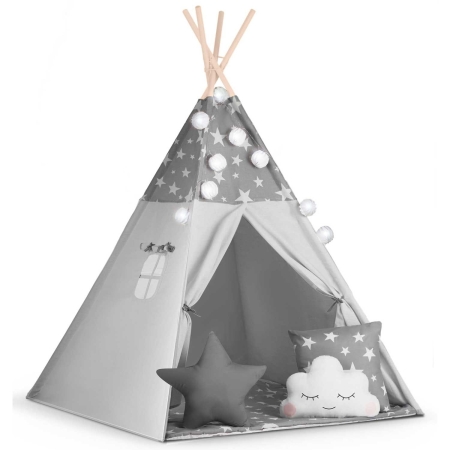 Namiot tipi dla dzieci, z girlandą i światełkami, Nukido, 120x120x165 cm, szare w gwiazdki