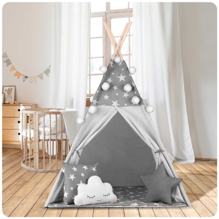 Namiot tipi dla dzieci, z girlandą i światełkami, Nukido, 120x120x165 cm, szare w gwiazdki