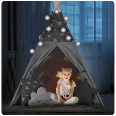 Namiot tipi dla dzieci, z girlandą i światełkami, Nukido, 120x120x165 cm, szare w gwiazdki
