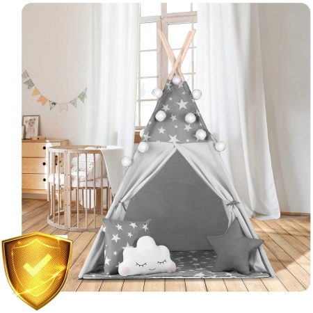 Namiot tipi dla dzieci, z girlandą i światełkami, Nukido, 120x120x165 cm, szare w gwiazdki