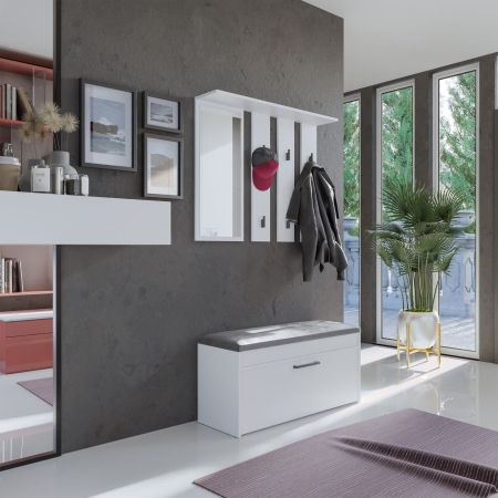 Garderoba, wieszak z lustrem + szafka na obuwie, Parma, 100x35x180 cm, biel