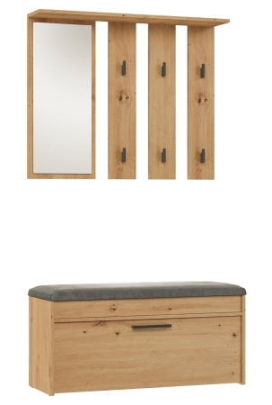 Garderoba, wieszak z lustrem + szafka na obuwie, Parma, 100x35x180 cm, dąb artisan