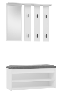 Garderoba, wieszak z lustrem + szafka na obuwie, Parma, 100x35x180 cm, biel