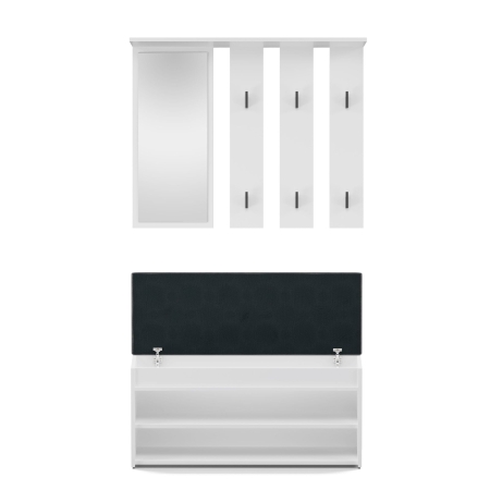 Garderoba, wieszak z lustrem + szafka na obuwie, Parma, 100x35x180 cm, biel