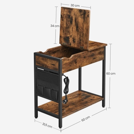 Stolik z gniazdkami i USB, 60x32x60 cm, ciemny brąz, czarny, mat