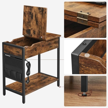 Stolik z gniazdkami i USB, 60x32x60 cm, ciemny brąz, czarny, mat