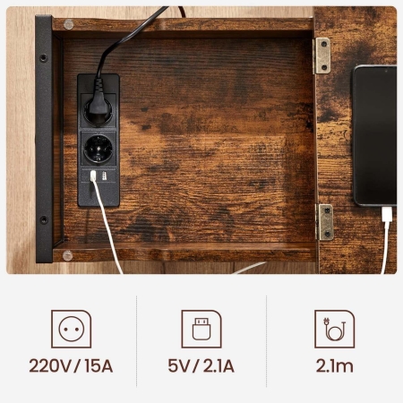 Stolik z gniazdkami i USB, 60x32x60 cm, ciemny brąz, czarny, mat