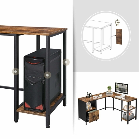 Biurko narożne, szafka, półki, 137x150x75 cm, ciemny brąz, czarny, mat