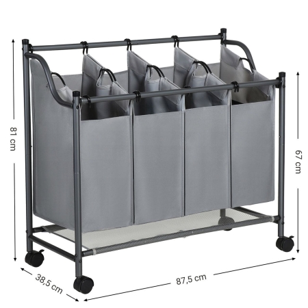 Kosz na pranie, 4 komory, 105L, 87x38x81 cm, szary