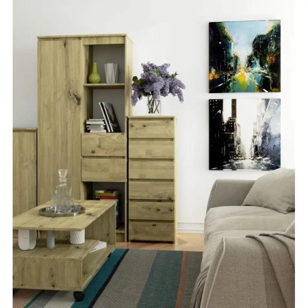 Wąska komoda do salonu, STILO, 40x35x109 cm, dąb artisan, mat