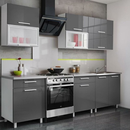 Zestaw mebli kuchennych, AMARO, 200x58 cm, biel, grafit, połysk