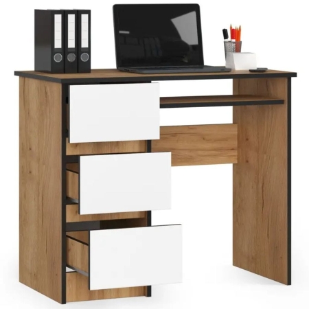 Biurko komputerowe, szuflady, lewe, ASTOR, 90x50x77 cm, biel, dąb craft, mat