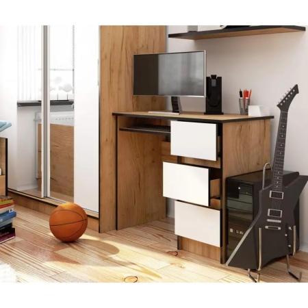 Biurko komputerowe, szuflady, prawe, ASTOR, 90x50x77 cm, biel, dąb craft, mat