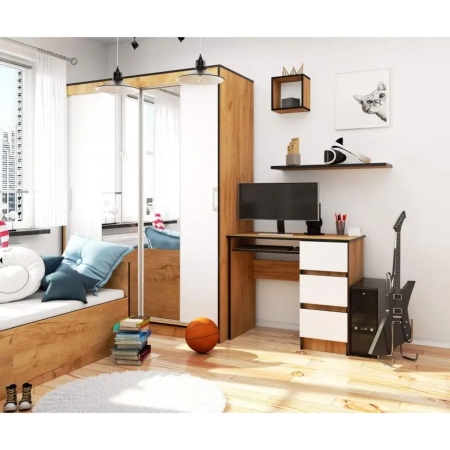 Biurko komputerowe, szuflady, prawe, ASTOR, 90x50x77 cm, biel, dąb craft, mat