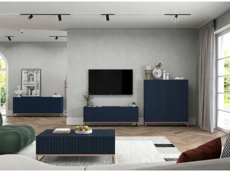 Komoda RTV, szafka stojąca, glamour, GRAVO, 150x37x53 cm, granatowy, mat